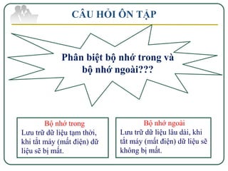 CÂU HỎI ÔN TẬP



            Phân biệt bộ nhớ trong và
                bộ nhớ ngoài???




        Bộ nhớ trong                Bộ nhớ ngoài
Lưu trữ dữ liệu tạm thời,   Lưu trữ dữ liệu lâu dài, khi
khi tắt máy (mất điện) dữ   tắt máy (mất điện) dữ liệu sẽ
liệu sẽ bị mất.             không bị mất.
 