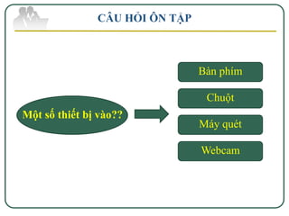 CÂU HỎI ÔN TẬP



                                Bàn phím

                                 Chuột
Một số thiết bị vào??
                                Máy quét

                                Webcam
 