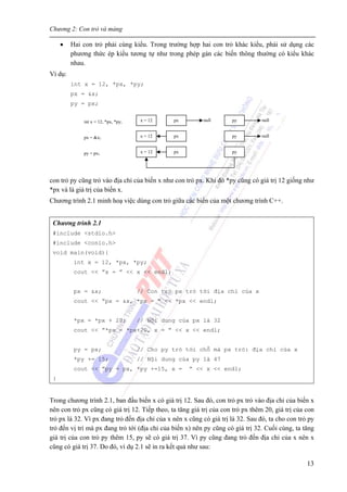 Chương 2: Con trỏ và mảng
13
• Hai con trỏ phải cùng kiểu. Trong trường hợp hai con trỏ khác kiểu, phải sử dụng các
phương thức ép kiểu tương tự như trong phép gán các biến thông thường có kiểu khác
nhau.
Ví dụ:
int x = 12, *px, *py;
px = &x;
py = px;
con trỏ py cũng trỏ vào địa chỉ của biến x như con trỏ px. Khi đó *py cũng có giá trị 12 giống như
*px và là giá trị của biến x.
Chương trình 2.1 minh hoạ việc dùng con trỏ giữa các biến của một chương trình C++.
Chương trình 2.1
#include <stdio.h>
#include <conio.h>
void main(void){
int x = 12, *px, *py;
cout << ”x = ” << x << endl;
px = &x; // Con trỏ px trỏ tới địa chỉ của x
cout << ”px = &x, *px = ” << *px << endl;
*px = *px + 20; // Nội dung của px là 32
cout << ”*px = *px+20, x = ” << x << endl;
py = px; // Cho py trỏ tới chỗ mà px trỏ: địa chỉ của x
*py += 15; // Nội dung của py là 47
cout << ”py = px, *py +=15, x = ” << x << endl;
}
Trong chương trình 2.1, ban đầu biến x có giá trị 12. Sau đó, con trỏ px trỏ vào địa chỉ của biến x
nên con trỏ px cũng có giá trị 12. Tiếp theo, ta tăng giá trị của con trỏ px thêm 20, giá trị của con
trỏ px là 32. Vì px đang trỏ đến địa chỉ của x nên x cũng có giá trị là 32. Sau đó, ta cho con trỏ py
trỏ đến vị trí mà px đang trỏ tới (địa chỉ của biến x) nên py cũng có giá trị 32. Cuối cùng, ta tăng
giá trị của con trỏ py thêm 15, py sẽ có giá trị 37. Vì py cũng đang trỏ đến địa chỉ của x nên x
cũng có giá trị 37. Do đó, ví dụ 2.1 sẽ in ra kết quả như sau:
x = 12 px py nullint x = 12, *px, *py;
px = &x; x = 12 px
py = px; x = 12 px py
py null
null
 