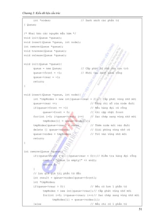 Chương 3: Kiểu dữ liệu cấu trúc
51
int *nodes; // Danh sách các phần tử
} Queue;
/* Khai báo các nguyên mẫu hàm */
void init(Queue *queue);
void insert(Queue *queue, int node);
int remove(Queue *queue);
void travese(Queue *queue);
void release(Queue *queue);
void init(Queue *queue){
queue = new Queue; // Cấp phát bộ nhớ cho con trỏ
queue->front = -1; // Khởi tạo danh sách rỗng
queue->rear = -1;
return;
}
void insert(Queue *queue, int node){
int *tmpNodes = new int[queue->rear + 2];// Cấp phát vùng nhớ mới
queue->rear ++; // Tăng chỉ số của node đuôi
if(queue->front == -1) // Nếu hàng đợi cũ rống
queue->front = 0; // thì cập nhật front
for(int i=0; i<queue->rear; i++) // Sao chép sang vùng nhớ mới
tmpNodes[i] = queue->nodes[i];
tmpNodes[queue->rear] = node; // Thêm node mới vào đuôi
delete [] queue->nodes; // Giải phóng vùng nhớ cũ
queue->nodes = tmpNodes; // Trỏ vào vùng nhớ mới
return;
}
int remove(Queue *queue){
if((queue-front < 0)||(queue-rear < 0)){// Kiểm tra hàng đợi rỗng
cout << “Queue is empty!” << endl;
return 0;
}
// Lưu giữ giá trị phần tử đầu
int result = queue->nodes[queue->front];
int *tmpNodes;
if(queue->rear > 0){ // Nếu có hơn 1 phần tử
tmpNodes = new int[queue->rear];// Cấp phát vùng nhớ mới
for(int i=0; i<queue->rear; i++)// Sao chép sang vùng nhớ mới
tmpNodes[i] = queue->nodes[i];
}else // Nếu chỉ có 1 phần tử
 