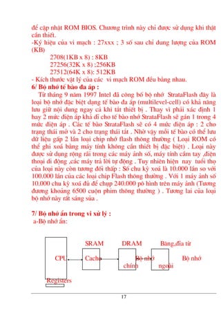 ®Ó cËp nhËt ROM BIOS. Ch−¬ng tr×nh nµy chØ ®−îc sö dông khi thËt
cÇn thiÕt.
-Ký hiÖu cña vi m¹ch : 27xxx ; 3 sè sau chØ dung l−îng cña ROM
(KB)
2708(1KB x 8) : 8KB
27256(32K x 8) ;256KB
27512(64K x 8): 512KB
- KÝch th−íc vËt lý cña c¸c vi m¹ch ROM ®Òu b»ng nhau.
6/ Bé nhí tÕ bµo ®a ¸p :
Tõ th¸ng 9 n¨m 1997 Intel ®· c«ng bè bé nhí StrataFlash ®©y lµ
lo¹i bé nhí ®Æc biÖt d¹ng tÕ bµo ®a ¸p (multilevel-cell) cã kh¶ n¨ng
l−u gi÷ néi dung ngay c¶ khi t¾t thiÕt bÞ . Thay v× ph¶i x¸c ®Þnh 1
hay 2 møc ®iÖn ¸p kh¶ dÜ cho tÕ bµo nhí StrataFlash sÏ g¸n 1 trong 4
møc ®iÖn ¸p . C¸c tÕ bµo StrataFlash sÏ cã 4 møc ®iÖn ¸p : 2 cho
tr¹ng th¸i më vµ 2 cho tr¹ng th¸i t¾t . Nhê vËy mçi tÕ bµo cã thÓ l−u
d÷ liÖu gÊp 2 lÇn lo¹i chip nhí flash th«ng th−êng ( Lo¹i ROM cã
thÓ ghi xo¸ b»ng m¸y tÝnh kh«ng cÇn thiÕt bÞ ®Æc biÖt) . Lo¹i nµy
®−îc sö dông réng r·i trong c¸c m¸y ¶nh sè, m¸y tÝnh cÇm tay ,®iÖn
tho¹i di ®éng ,c¸c m¸y tr¶ lêi tù ®éng . Tuy nhiªn hiÖn nay tuæi thä
cña lo¹i nµy cßn t−¬ng ®èi thÊp : Sè chu kú xo¸ lµ 10.000 lÇn so víi
100.000 lÇn cña c¸c lo¹i chip Flash th«ng th−êng . Víi 1 m¸y ¶nh sè
10.000 chu kú xo¸ ®ñ ®Ó chôp 240.000 p« h×nh trªn m¸y ¶nh (T−¬ng
®−¬ng kho¶ng 6500 cuén phim th«ng th−êng ) . T−¬ng lai cña lo¹i
bé nhí nµy rÊt s¸ng sña .
7/ Bé nhí Èn trong vi xö lý :
a-Bé nhí Èn:
SRAM DRAM B¨ng,®Üa tõ
CPU Cache Bé nhí Bé nhí
chÝnh ngoµi
Registers
17
 