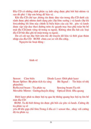 §Üa CD cã nh÷ng r·nh ph¶n x¹ ¸nh s¸ng ®−îc phñ bëi bét nh«m vµ
sau ®ã phñ 1 líp s¬n bãng ®Ó b¶o vÖ .
Khi ®Üa CD chÕ t¹o ,th«ng tin ®−îc ®−a vµo trong ®Üa CD d−íi c¸c
r·nh ®−îc phñ nh«m d−íi d¹ng pits (Sù lâm xuèng ) vµ lands (Sù låi
lªn);nh÷ng låi lâm nµy chÝnh lµ biÓu hiÖn cña c¸c bit . pits vµ lands
®−îc s¾p xÕp däc theo ®−êng tr«n èc quanh trôc bao phñ toµn bé bÒ
mÆt ®Üa CD,l−în vßng tõ trong ra ngoµi. Kh«ng nh− ®Üa h¸t c¸c lo¹i
®Üa CD b¾t ®Çu ghi tõ mÐp trong ra ngoµi .
Do cã cÊt t¹o ®Æc biÖt nªn tèc ®é truyÒn d÷ liÖu vµ thêi gian th©m
nhËp cña ®Üa CD- ROM ch−a cao so víi ®Üa cøng.
Nguyªn t¾c ho¹t ®éng :
h×nh vÏ
Sensor: C¶m biÕn Diode Laser: §ièt ph¸t lazer
Beam Spliter: Bé ph©n tÝch tia s¸ng Bit Signal : TÝn hiÖu sè nhÞ
ph©n(bit)
Reflected beam : Tia ph¶n x¹ Sensing beam:Tia tíi
Movable Mirror: G−¬ngchuyÓn ®éng Optical Disk :§Üa quang
§ièt lazer ph¸t ra ®−îc héi tô qua hÖ thèng quang häc héi tô lªn bÒ
mÆt ®Üa CD-
ROM .Ta ®· biÕt th«ng tin ®−îc ghi bëi c¸c pits vµ lands .C−êng ®é
tia ph¶n x¹ sÏ
yÕu ®I khi gÆp chç lâm.Trong æ ®Üa cã 1 sensor thu , nh¹y víi c−êng
®é tia ph¶n x¹
31
 