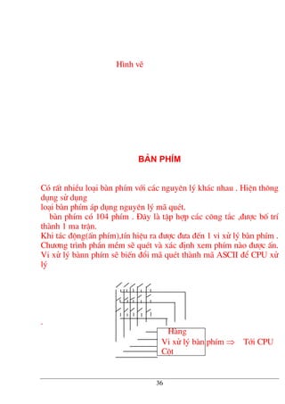 H×nh vÏ
Bµn phÝm
Cã rÊt nhiÒu lo¹i bµn phÝm víi c¸c nguyªn lý kh¸c nhau . HiÖn th«ng
dông sö dông
lo¹i bµn phÝm ¸p dông nguyªn lý m· quÐt.
bµn phÝm cã 104 phÝm . §©y lµ tËp hîp c¸c c«ng t¾c ,®−îc bè trÝ
thµnh 1 ma trËn.
Khi t¸c ®éng(Ên phÝm),tÝn hiÖu ra ®−îc ®−a ®Õn 1 vi xö lý bµn phÝm .
Ch−¬ng tr×nh phÇn mÒm sÏ quÐt vµ x¸c ®Þnh xem phÝm nµo ®−îc Ên.
Vi xö lý bµnn phÝm sÏ biÕn ®æi m· quÐt thµnh m· ASCII ®Ó CPU xö
lý
.
Hµng
Vi xö lý bµn phÝm ⇒ Tíi CPU
Cét
36
 