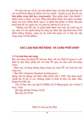 VÒ mÆt cÊu t¹o vËt lý c¸c bµn phÝm ®−îc c¶i tiÕn cho phï hîp víi
c¸c t− thÕ ho¹t ®éng tù nhiªn cña tay ng−êi . Ng−êi ta gäi ®©y lµ c¸c
bµn phÝm c«ng th¸i häc (ergonomic) Bµn phÝm ®−îc chia thµnh 2
phÇn c¸ch xa nhau vµi inch ,®ång thêi phÝm dµnh cho ngãn c¸i ®−îc
n©ng cao h¬n .PhÝm Back space vµ phÇn bµn phÝm sè ®−îc ®Æt gÇn
nhau h¬n ®Ó c¸c ngãn tay vµ c¸nh tay kh«ng bÞ v¬Ý ra xa .
Nh÷ng söa ®æi nµy sÏ gióp tr¸nh ®−îc mái mÖt ,tõ c¸nh tay,cæ
tay ,®Õn vai cña ng−êi dïng do c¼ng tay ®−îc ®Æt sÊp hoµn toµn (Víi
phÝm th«ng th−êng ,c¼ng tay bÞ xo¾n khi ngãn c¸i vµ bµn tay ®Æt
song song víi bµn phÝm).
C¸c lo¹i bus më réng vµ card phèi ghÐp
1/ C¸c lo¹i bus më réng:
Bus më réng cho phÐp PC liªn l¹c ®−îc víi c¸c thiÕt bÞ ngo¹i vi ,c¸c
thiÕt bÞ nµy ®−îc ghÐp nèi víi m¸y PC qua c¸c khe c¾m më réng
(slot).
HiÖn nay sö dông th«ng dông trong c¸c m¸y PC c¸c lo¹i bus më
réng sau :
* Bus ISA: (Industry Standard Architecture):
Dïng cho hÖ thèng chØ ®−îc ®iÒu khiÓn bëi 1 CPU trªn b¶n m¹ch
chÝnh tøc lµ tÊt c¶ c¸c ch−¬ng tr×nh vµ thiÕt bÞ ®Òu chØ ®−îc ®iÒu
khiÓn bëi CPU ®ã
TÇn sè lµm viÖc cùc ®¹I 8,33MHz (8,33 Mbyte/gi©y cho sè liÖu 2
byte 1 lÇn)
BÒ réng d÷ liÖu 8 hoÆc 16 bit
Bus ®Þa chØ 24 bit
H×nh vÏ cÊu t¹o bus ISA
37
 