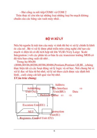 - Hai cæng ra nèi tiÕp COM1 vµ COM 2
Trªn thùc tÕ cßn tån t¹i nh÷ng lo¹i nh÷ng lo¹i bo m¹ch kh«ng
chuÈn cña c¸c h·ng s¶n xuÊt m¸y nh¸i .
Bé vi xö lý
NÕu bé nguån lµ tr¸i tim cña m¸y vi tÝnh th× bé vi xö lý chÝnh lµ khèi
ãc cña nã . Bé vi xö lý ®−îc ph¸t triÓn trªn c«ng nghÖ chÕ t¹o c¸c
m¹ch vi ®iÖn tö cã ®é tÝch hîp rÊt lín VLSI (Very Large Scale
Integration ) víi c¸c phÇn tö c¬ b¶n lµ c¸c tranzixtor tr−êng MOS cã
®é tiªu hao c«ng suÊt rÊt nhá .
Trong hä 80x86
:(8086,80186,80286,80386,80486,Pentium,Pentium I,II,III...)chóng
thùc hiÖn tÊt c¶ c¸c ho¹t ®éng xö lý logic vµ sè häc. Nãi chung bé vi
xö lý ®äc sè liÖu tõ bé nhí, xö lý nã theo c¸ch ®−îc x¸c ®Þnh bëi
lÖnh , cuèi cïng cÊt kÕt qu¶ vµo bé nhí.
1/CÊu tróc chung:
Address
Addressing Bus Interface ⇒
Unit (AU) Unit(BIU) Data
Prefetch-Queue ⇐ ⇒
Excution Unit(EU)
ALU Instruction
Unit(IU)
Registers Control Unit (CU)
6
 