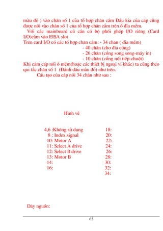 mµu ®á ) vµo ch©n sè 1 cña tæ hîp ch©n c¾m §Çu kia cña c¸p còng
®−îc nèi vµo ch©n sè 1 cña tæ hîp ch©n c¾m trªn æ ®Üa mÒm.
Víi c¸c mainboard cò cÇn cã bé phèi ghÐp I/O riªng (Card
I/O)c¾m vµo EISA slot
Trªn card I/O cã c¸c tæ hîp ch©n c¾m: - 34 ch©n ( ®Üa mÒm)
- 40 ch©n (cho ®Üa cøng)
- 26 ch©n (cæng song song-m¸y in)
- 10 ch©n (cæng nèi tiÕp-chuét)
Khi c¾m c¸p nèi æ mÒm(hoÆc c¸c thiÕt bÞ ngo¹i vi kh¸c) ta còng theo
qui t¾c ch©n sè 1 (§¸nh dÊu mµu ®á) nh− trªn.
CÊu t¹o cña c¸p nèi 34 ch©n nh− sau :
H×nh vÏ
4,6 :Kh«ng sö dông 18:
8 : Index signal 20:
10: Motor A 22:
11: Select A drive 24:
12: Select B drive 26:
13: Motor B 28:
14: 30:
16: 32:
34:
D©y nguån:
62
 