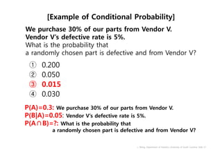 We purchase 30% of our parts from Vendor V.
Vendor V’s defective rate is 5%.
What is the probability that
a randomly chosen part is defective and from Vendor V?
① 0.200
② 0.050
③ 0.015
④ 0.030
L. Wang, Department of Statistics University of South Carolina; Slide 17
P(A)=0.3: We purchase 30% of our parts from Vendor V.
P(B|A)=0.05: Vendor V’s defective rate is 5%.
P(A∩B)=?: What is the probability that
a randomly chosen part is defective and from Vendor V?
[Example of Conditional Probability]
 