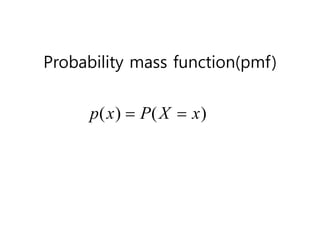 Probability mass function(pmf)
( ) ( )
p x P X x
 
 