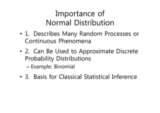 Importance of
Normal Distribution
• 1. Describes Many Random Processes or
Continuous Phenomena
• 2. Can Be Used to Approximate Discrete
Probability Distributions
– Example: Binomial
• 3. Basis for Classical Statistical Inference
 