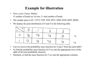 Example for illustration
• Toss a coin 3 times. Define,
X: number of heads on 1st toss, Y: total number of heads.
• The sample space is Ω ={TTT, TTH, THT, HTT, THH, HTH, HHT, HHH}.
• We display the joint distribution of X and Y in the following table
• Can we recover the probability mass function for X and Y from the joint table?
• To find the probability mass function of X we sum the appropriate rows of the
table of the joint probability function.
• Similarly, to find the mass function for Y we sum the appropriate columns.
 