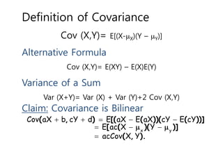 Definition of Covariance
Cov (X,Y)= E[(X-X)(Y – Y)]
Alternative Formula
Cov (X,Y)= E(XY) – E(X)E(Y)
Variance of a Sum
Var (X+Y)= Var (X) + Var (Y)+2 Cov (X,Y)
Claim: Covariance is Bilinear
    
  

x y
Cov aX b cY d E aX E aX cY E cY
E ac X Y
acCov X Y
( , ) [( ( ))( ( ))]
[ ( )( )]
( , ).
 
 