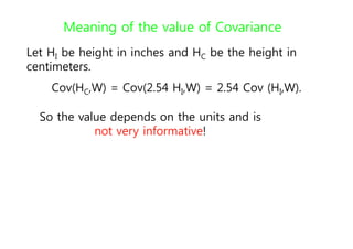 Meaning of the value of Covariance
Let HI be height in inches and HC be the height in
centimeters.
Cov(HC,W) = Cov(2.54 HI,W) = 2.54 Cov (HI,W).
So the value depends on the units and is
not very informative!
 