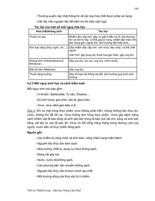 ThS Lê Thanh Long – Đại học Nông Lâm Huế 
109 
- Thường xuyên cập nhật thông tin về các loại hóa chất được phép sử dụng. 
- Cần lấy mẫu nguyên liệu để kiểm tra khi thấy nghi ngờ. 
Tác hại của một số mối nguy hóa học 
Hoá chất/kháng sinh Tác hại 
Thuốc trừ sâu Nhiễm độc cấp tính, gây co giật ở đầu và cổ, tổn thương 
tim và hệ hô hấp, có thể gây tử vong, nhiễm độc mãn tính 
làm hỏng gan, nghẹt thở, ảnh hưởng đến thần kinh.. 
Kim loại nặng (thủy ngân, chì,...) Gây nhiễm độc cấp tính: nôn mửa, tiêu chảy, có thể chết 
người 
mãn tính: gây bong da, thoái hóa gan thận, gây ung thư 
Kháng sinh Chloramphenicol, 
Nitrofuran... 
Gây suy tủy, còi cọc, ung thư, nhờn thuốc 
Độc tố nấm Aflatoxine Gây ung thư 
Thuốc tăng trưởng Gây rối loạn hệ thống nội tiết, ảnh hưởng quá trình sinh 
trưởng 
4.2.3 Mối nguy sinh học và cách kiểm soát 
Mối nguy sinh học bao gồm: 
- Vi khuẩn: Salmonella, Tụ cầu, Cholera,... 
- Ký sinh trùng: giun tròn, sán lá, giun móc,... 
- Virus: virus viêm gan siêu vi A... 
Chú ý: Khi có mặt trong thực phẩm virus không phát triển, chúng không cần thức ăn, 
nước, không khí để tồn tại. Virus không làm hỏng thực phẩm. Virus gây bệnh bằng 
cách nhiễm vào tế bào sống và sinh sản bên trong tế bào của vật chủ, sống và sinh sản 
bằng vật liệu từ các tế bào đó. Virus có thể sống hàng tháng trong đường ruột của 
người, nước bẩn và thực phẩm đông lạnh. 
Nguồn gốc 
- Lây nhiễm từ công nhân vệ sinh kém, công nhân mang mầm bệnh. 
- Nguyên liệu thủy sản kém sạch. 
- Nhà xưởng, thiết bị, dụng cụ chứa không sạch. 
- Động vật gây hại. 
- Nước, nước đá không sạch. 
- Các phương tiện vận chuyển không sạch. 
- Nguyên liệu thủy sản bị bơm chích tạp chất. 
- Môi trường sống của thủy sản bị ô nhiễm. 
 