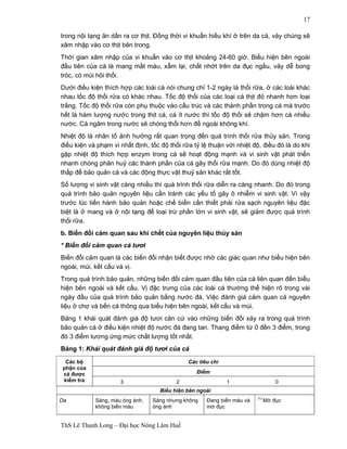 ThS Lê Thanh Long – Đại học Nông Lâm Huế 
17 
trong nội tạng ăn dần ra cơ thịt. Đồng thời vi khuẩn hiếu khí ở trên da cá, vảy chúng sẽ 
xâm nhập vào cơ thịt bên trong. 
Thời gian xâm nhập của vi khuẩn vào cơ thịt khoảng 24-60 giờ. Biểu hiện bên ngoài 
đầu tiên của cá là mang mất màu, xẫm lại, chất nhớt trên da đục ngầu, vảy dễ bong 
tróc, có mùi hôi thối. 
Dưới điều kiện thích hợp các loài cá nói chung chỉ 1-2 ngày là thối rữa, ở các loài khác 
nhau tốc độ thối rửa có khác nhau. Tốc độ thối của các loại cá thịt đỏ nhanh hơn loại 
trắng. Tốc độ thối rữa còn phụ thuộc vào cấu trúc và các thành phần trong cá mà trước 
hết là hàm lượng nước trong thịt cá, cá ít nước thì tốc độ thối sẽ chậm hơn cá nhiều 
nước. Cá ngâm trong nước sẽ chóng thối hơn để ngoài không khí. 
Nhiệt độ là nhân tố ảnh hưởng rất quan trọng đến quá trình thối rửa thủy sản. Trong 
điều kiện và phạm vi nhất định, tốc độ thối rữa tỷ lệ thuận với nhiệt độ, điều đó là do khi 
gặp nhiệt độ thích hợp enzym trong cá sẽ hoạt động mạnh và vi sinh vật phát triển 
nhanh chóng phân huỷ các thành phần của cá gây thối rữa mạnh. Do đó dùng nhiệt độ 
thấp để bảo quản cá và các động thực vật thuỷ sản khác rất tốt. 
Số lượng vi sinh vật càng nhiều thì quá trình thối rữa diễn ra càng nhanh. Do đó trong 
quá trình bảo quản nguyên liệu cần tránh các yếu tố gây ô nhiễm vi sinh vật. Vì vậy 
trước lúc tiến hành bảo quản hoặc chế biến cần thiết phải rửa sạch nguyên liệu đặc 
biệt là ở mang và ở nội tạng để loại trừ phần lớn vi sinh vật, sẽ giảm được quá trình 
thối rữa. 
b. Biến đổi cảm quan sau khi chết của nguyên liệu thủy sản 
* Biến đổi cảm quan cá tươi 
Biến đổi cảm quan là các biến đổi nhận biết được nhờ các giác quan như biểu hiện bên 
ngoài, mùi, kết cấu và vị. 
Trong quá trình bảo quản, những biến đổi cảm quan đầu tiên của cá liên quan đến biểu 
hiện bên ngoài và kết cấu. Vị đặc trưng của các loài cá thường thể hiện rõ trong vài 
ngày đầu của quá trình bảo quản bằng nước đá. Việc đánh giá cảm quan cá nguyên 
liệu ở chợ và bến cá thông qua biểu hiện bên ngoài, kết cấu và mùi. 
Bảng 1 khái quát đánh giá độ tươi căn cứ vào những biến đổi xảy ra trong quá trình 
bảo quản cá ở điều kiện nhiệt độ nước đá đang tan. Thang điểm từ 0 đến 3 điểm, trong 
đó 3 điểm tương ứng mức chất lượng tốt nhất. 
Bảng 1: Khái quát đánh giá độ tươi của cá 
Các bộ 
Các tiêu chí 
phận của 
cá được 
Điểm 
kiểm tra 
3 2 1 0 
Biểu hiện bên ngoài 
Da Sáng, màu óng ánh, 
không biến màu 
Sáng nhưng không 
óng ánh 
Đang biến màu và 
mờ đục 
(1) Mờ đục 
 