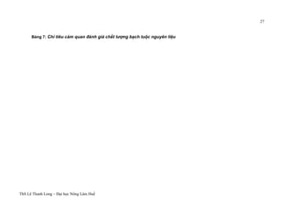 ThS Lê Thanh Long – Đại học Nông Lâm Huế 
27 
Bảng 7: Chỉ tiêu cảm quan đánh giá chất lượng bạch tuộc nguyên liệu 
Bảng 7: Chỉ tiêu cảm quan đánh giá chất lượng bạch tuộc nguyên liệu 
 