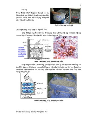 Hình 3: Phương pháp ướp đá trực tiếp 
ThS Lê Thanh Long – Đại học Nông Lâm Huế 
30 
- Đá cây 
Trong đó đá sệt chỉ được sử dụng ở các tàu 
đánh cá cỡ lớn. Chỉ có đá vảy mới đảm bảo 
yêu cầu về vệ sinh để sử dụng trong chế 
biến thủy sản xuất khẩu. 
Có hai phương pháp ướp đá nguyên liệu: 
Hình 2: Các loại nước đá 
- Ướp đá trực tiếp: Nguyên liệu được ướp theo tuần tự một lớp nước đá một lớp 
nguyên liệu. Phương pháp này phù hợp cho làm lạnh cá, tôm. 
- Ướp đá gián tiếp: Các lớp nguyên liệu được cách ly với lớp nước đá bằng các 
tấm PE. Nguyên liệu đựng trong các khay có nắp đậy kín hoặc nguyên liệu được bọc 
riêng biệt trong từng túi PE. Phương pháp này phù hợp cho làm lạnh mực ống, mực 
nang và bạch tuộc. 
Hình 4: Phương pháp ướp đá gián tiếp 
 