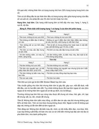 ThS Lê Thanh Long – Đại học Nông Lâm Huế 
55 
Cỡ quá nhỏ: những thân tôm có trọng lượng nhỏ hơn 35% trọng lượng trung bình của 
cỡ. 
Tôm có cỡ đồng đều là các thân tôm đều có trọng lượng nằm giữa trọng lượng của đầu 
cỡ và cuối cỡ, cho phép lẫn vào 3% tôm hơi lớn hoặc hơi nhỏ. 
Hạng tôm, loại tôm. Các hạng chất lượng tôm có thể xếp như sau: hạng 1, hạng 2, 
vụn B, nội địa. 
Bảng 9: Phân biệt chất lượng hạng 1 và hạng 2 của tôm khi phân hạng 
Tôm vỏ 
Hạng 1 Hạng 2 
- Tôm tươi, không có mùi ươn thối - Tôm tươi, không có mùi ươn thối 
- Tôm không có điểm đen ở bất kỳ 
nơi nào 
- Không có quá 3 điểm đen trên thân (điểm đen không 
ăn sâu vào thịt), vành bụng có viền đen nhạt 
- Tôm không bể vỏ (có thể chấp 
nhận 3%) 
- Tôm bị bể vỏ nhưng không tróc hoàn toàn ở một đốt 
nào (vết bể không quá 1/3 chu vi đốt) 
- Thịt tôm có màu sắc đặc trưng 
và săn chắc 
- Thịt tôm có màu sắc đặc trưng và săn chắc 
- Vỏ tôm không mềm, có màu tự 
nhiên, sáng bóng 
- Vỏ tôm không mềm, bị biến màu nhẹ, đen đuôi tỷ lệ 
10% không sáng bóng 
Tôm thịt 
Hạng 1 Hạng 2 
- Thịt tôm không mùi ươn thối - Thịt tôm không mùi ươn thối 
- Thịt tôm còn nguyên vẹn, có thể 
chấp nhận đứt đuôi, tỷ lệ 3-5% 
- Thịt tôm không còn nguyên vẹn nhưng tỷ lệ còn 5 đốt 
được chấp nhận 3-5% 
- Thịt tôm không bị biến màu hay 
bạc màu 
- Thịt tôm có màu hồng nhạt hay bạc màu 
- Thịt còn săn chắc - Thịt tôm hơi mềm 
Tôm thịt vụn (còn gọi là tôm BM: Broken Meat) hay tôm xóa. 
Tiêu chuẩn giống như tôm thịt nhưng thân tôm bị gãy đôi, gãy vụn, mất đốt đuôi, mất 
đốt đầu, còn từ hai đến năm đốt. Tuy nhiên không được lẫn loại tôm ngoại cỡ vào (tôm 
ngoại cỡ là những thân tôm ngoài số cỡ đã qui định, tức là 500up). 
Thường những loại tôm thịt vụn cùng màu được để chung với nhau: thẻ, gân, chì, bạc 
để chung; sắt, sú, rằn, choán để chung. 
Tôm B. Những thân tôm biến màu hồng, có đốm đen ăn sâu vào thịt nhưng không quá 
50% số thân tôm. Tôm có mùi khai nhưng không được thối. Ngoài ra tôm B không quá 
dập nát, không có lẫn tôm BM và tôm ngoại cỡ. 
Tôm đông nội. Những tôm đã biến màu đỏ, nhớt, có rất nhiều đốm đen, mùi khai, thối. 
Loại này không xuất khẩu chỉ bán cho các cơ sở chế biến những loại đặc sản nội địa có 
pha thêm tôm, như bánh phồng tôm. 
 