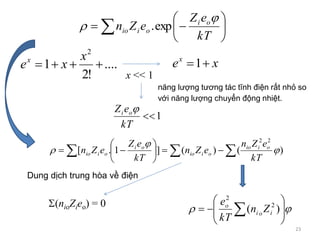 23
 






kT
eZ
eZn oi
oiio

 exp.
....
!2
1
2

x
xex
xex
1
x << 1
1
kT
eZ oi 
năng lượng tương tác tĩnh điện rất nhỏ so
với năng lượng chuyển động nhiệt.
)()(]1.[
22
 





 


kT
eZn
eZn
kT
eZ
eZn oiio
oiio
oi
oiio
(nioZieo) = 0
Dung dịch trung hòa về điện
 





  )( 2
2
ioi
o
Zn
kT
e
 
