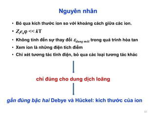 32
Nguyên nhân
• Bỏ qua kích thước ion so với khoảng cách giữa các ion.
• Zieo << kT
• Không tính đến sự thay đổi dung môi trong quá trình hòa tan
• Xem ion là những điện tích điểm
• Chỉ xét tương tác tĩnh điện, bỏ qua các loại tương tác khác
chỉ đúng cho dung dịch loãng
gần đúng bậc hai Debye và Hückel: kích thước của ion
 
