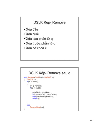 17
DSLK Kp- Remove
? Xa ??u
? Xa cu?i
? Xa sau ph?n t? q
? Xa tr??c ph?n t? q
? Xa c kha k
DSLK Kp- Remove sau q
void Remove(DLIST &ds, DNODE *q)
{ DNODE *p;
if ( q != NULL)
{
p = q ->pNext ;
if ( p != NULL)
{
q->pNext = p->pNext;
if(p == ds.pTail) ds.pTail = q;
else p->pNext->pPrev = q;
delete p;
}
}
else
RemoveHead(ds);
}
 