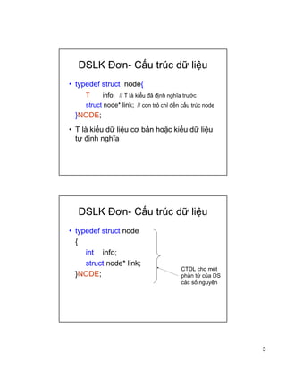 3
DSLK ??n- C?u trc d? li?u
? typedef struct node{
T info; // T l ki?u ?? ??nh ngh?a tr??c
struct node* link; // con tr? ch? ??n c?u trc node
}NODE;
? T l ki?u d? li?u c? b?n ho?c ki?u d? li?u
t? ??nh ngh?a
DSLK ??n- C?u trc d? li?u
? typedef struct node
{
int info;
struct node* link;
}NODE;
CTDL cho m?t
ph?n t? c?a DS
cc s? nguyn
 