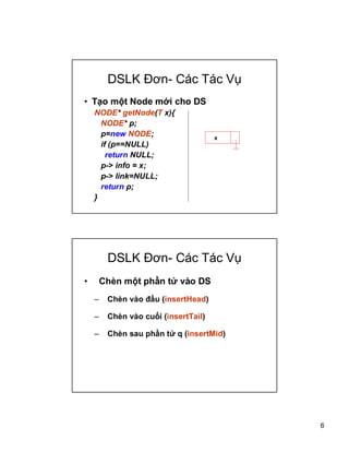 6
DSLK ??n- Cc Tc V?
? T?o m?t Node m?i cho DS
NODE* getNode(T x){
NODE* p;
p=new NODE;
if (p==NULL)
return NULL;
p-> info = x;
p-> link=NULL;
return p;
}
x
DSLK ??n- Cc Tc V?
? Chn m?t ph?n t? vo DS
C Chn vo ??u (insertHead)
C Chn vo cu?i (insertTail)
C Chn sau ph?n t? q (insertMid)
 