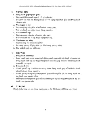 Cám ơn bạn đã tải tài liệu từ fb.com/HoiMeSachCoMaLuoi. Hãy cùng chia sẻ tài liệu có ích nhé!
8
IV. NHÁNH BÊN
1. Đ ng m ch quặt ng c quay:
- Tách ra từ Động mạch quay 1/3 trên cẳng tay.
- Đi ngược lên rãnh nhị đầu ngoài để nối với Động mạch bên quay của Động mạch
cánh tay sâu.
3. Nhánh gan cổ tay:
- Tách ra ngang mức phần trên đầu dưới xương quay.
- Nối với nhánh gan cổ tay thuộc Động mạch trụ.
4. Nhánh mu cổ tay:
- Tách ra ngang mức đầu trên mỏm trâm quay.
- Nối với nhánh mu cổ tay thuộc Động mạch trụ.
5. Nhánh gan tay nông:
- Tách ra cùng chỗ nhánh mu cổ tay.
- Đi xuống gần tay để góp phần tạo thành cung gan tay nông.
6. Các nhánh nuôi các nhóm cơ.
V. TI P N I
1. Đ ng m ch cánh tay:
- Động mạch quặt ngược quay thuộc Động mạch quay nối với nhánh bên quay của
Động mạch cánh tay sâu thuộc Động mạch cánh tay, góp phần tạo nên mạng mạch
quanh lồi cầu ngoài.
2. Đ ng m ch tr :
- Nhánh gan cổ tay và nhánh mu cổ tay thuộc Động mạch quay nối với các nhánh
cùng tên thuộc Động mạch trụ.
- Nhánh gan tay nông thuộc Động mạch quay nối với phần tận của Động mạch trụ,
tạo thành cung gan tay nông.
- Phần tận của Động mạch quay nối với nhánh gan tay sâu thuộc Động mạch trụ, tạo
thành cung gan tay sâu.
VI. ÁP D NG
Do có nhiều vòng nối nên Động mạch quay có thể thắt được mà không nguy hiểm
 