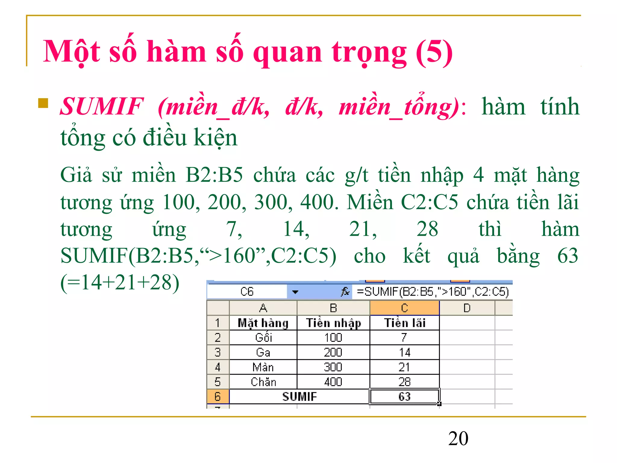 Một số hàm số quan trọng (5)
   SUMIF (miền_đ/k, đ/k, miền_tổng): hàm tính
    tổng có điều kiện
    Giả sử miền B2:B5 chứa các g/t tiền nhập 4 mặt hàng
    tương ứng 100, 200, 300, 400. Miền C2:C5 chứa tiền lãi
    tương    ứng     7,    14,    21,   28    thì    hàm
    SUMIF(B2:B5,“>160”,C2:C5) cho kết quả bằng 63
    (=14+21+28)




                                            20
 