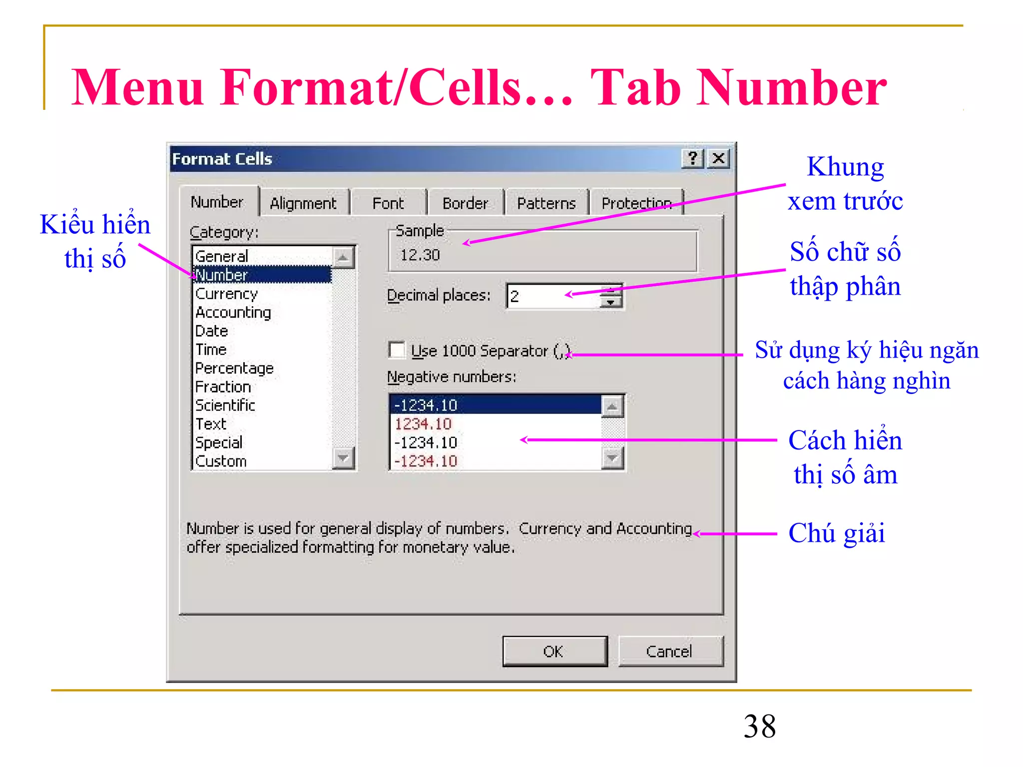 Menu Format/Cells… Tab Number
                               Khung
                              xem trước
Kiểu hiển
  thị số                      Số chữ số
                              thập phân

                          Sử dụng ký hiệu ngăn
                            cách hàng nghìn

                              Cách hiển
                              thị số âm

                              Chú giải




                         38
 
