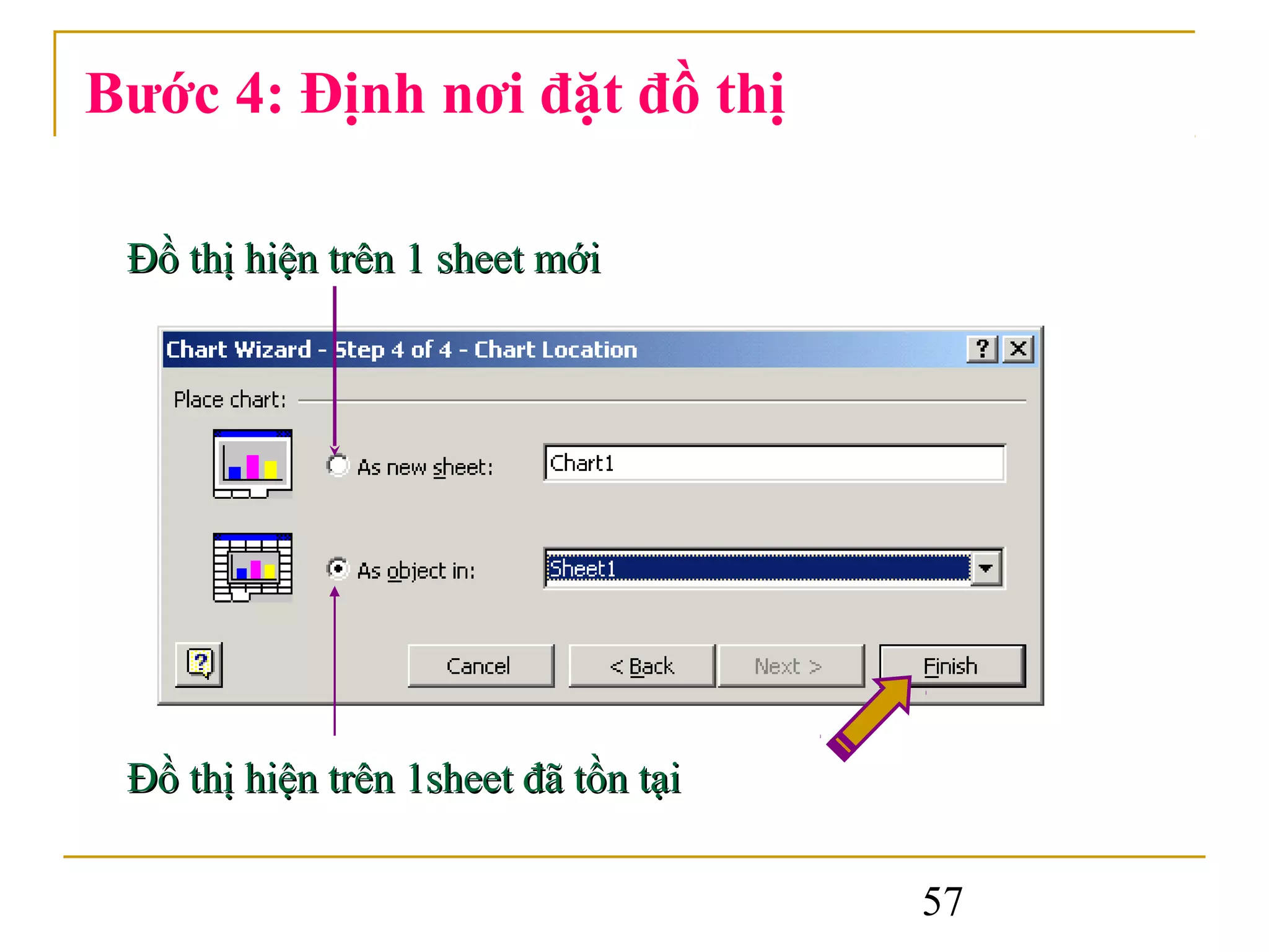 Bước 4: Định nơi đặt đồ thị

 Đồ thị hiện trên 1 sheet mới




 Đồ thị hiện trên 1sheet đã tồn tại

                                      57
 
