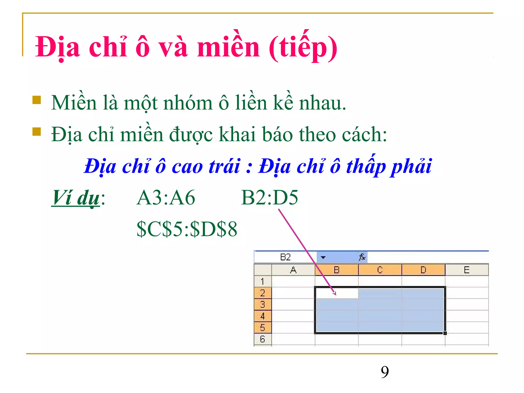 Địa chỉ ô và miền (tiếp)
   Miền là một nhóm ô liền kề nhau.
   Địa chỉ miền được khai báo theo cách:
        Địa chỉ ô cao trái : Địa chỉ ô thấp phải
    Ví dụ: A3:A6          B2:D5
             $C$5:$D$8




                                          9
 