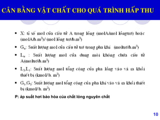 10
CAÂN BAÈNG VAÄT CHAÁT CHO QUAÙ TRÌNH HAÁP THU
P: áp suất hơi bảo hòa của chất lỏng nguyên chất
 