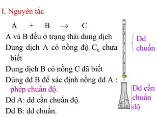 A + B → C
A và B đều ở trạng thái dung dịch
Dung dịch A có nồng độ C0 chưa
biết
Dung dịch B có nồng C đã biết
Dùng dd B để xác định nồng dd A :
phép chuẩn độ.
Dd A: dd cần chuẩn độ.
Dd B: dd chuẩn.
Dd cần
chuẩn
độ
Dd
chuẩn
I. Nguyên tắc
 