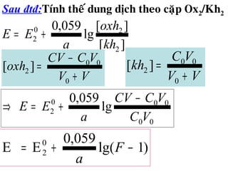 Sau đtđ:Tính theá dung dòch theo caëp Ox2/Kh2
)1lg(
059,0
EE 0
2 −+= F
a
][
][
lg
059,0
2
20
2
kh
oxh
a
EE +=
VV
VCCV
oxh
+
−
=
0
00
2 ][
VV
VC
kh
+
=
0
00
2 ][
00
000
2 lg
059,0
VC
VCCV
a
EE
−
+=⇒
 