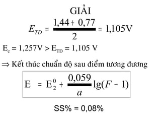 GIAÛI
V105,1
2
77,044,1
=
+
=TDE
Ec = 1,257V > ETÑ = 1,105 V
⇒ Keát thuùc chuaån ñoä sau ñieåm töông ñöông
)1lg(
059,0
EE 0
2 −+= F
a
SS% = 0,08%
 