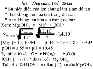 AÛnh höôûng cuûa pH ñeán ñoä tan
[OH-
] = 2s = 2.8 x 10-4
M
pOH = 3,55 => pH = 10,45
Taïi pH < 10.45
[OH-
] ↓
OH-
+ H+
(aq) H2O (l)
=> laøm ↑ ñoä tan cuûa Mg(OH)2
Taïi pH >10.45:[OH-
] ↑=> laøm ↓ ñoä tan cuûa Mg(OH)2
* Sự hiện diện của ion chung làm giảm độ tan
* Baz không tan hòa tan trong dd axit
* Axit không tan hòa tan trong dd baz
Xem: Mg(OH)2 ⇄ Mg2+
+ 2OH-
10.4,1
10.2,1
21
4
3
11
3
21
2)(
2)(
4
−
−
===
T
S
OHMg
OHMg
[Mg2+
]= 1,4.10-4
M
 