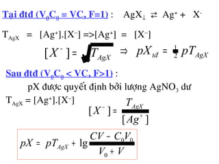 Taïi ñtñ (V0C0 = VC, F=1) : AgX↓ ⇄ Ag+
+ X-
TAgX = [Ag+
].[X−
] =>[Ag+
] = [X−
]
AgXTX =−
][ AgXtđ pTpX 2
1
=⇒
Sau ñtñ (V0C0 < VC, F>1) :
pX ñöôïc quyeát ñònh bôûi löôïng AgNO3 dö
TAgX = [Ag+
].[X−
]
][
][ +
−
=
Ag
T
X
AgX
VV
VCCV
pTpX AgX
+
−
+=
0
00
lg
 