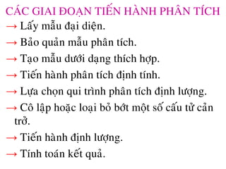 CAÙC GIAI ÑOAÏN TIEÁN HAØNH PHAÂN TÍCH
→ Laáy maãu ñaïi dieän.
→ Baûo quaûn maãu phaân tích.
→ Taïo maãu döôùi daïng thích hôïp.
→ Tieán haønh phaân tích ñònh tính.
→ Löïa choïn qui trình phaân tích ñònh löôïng.
→ Coâ laäp hoaëc loaïi boû bôùt moät soá caáu töû caûn
trôû.
→ Tieán haønh ñònh löôïng.
→ Tính toaùn keát quaû.
 