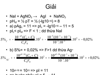 Giải
• NaI + AgNO3 → AgI + NaNO3
• pHtđ = ½ pT = ½ (-lg10-16) = 8
• a) pAgc = 11 => pIc = -lg10-16 – 11 = 5
• pIc< pItđ => F < 1 ; dd thừa NaI
• b) S%= + 0,02% => F>1 dd thừa Ag+
• 10pI-16 = 10-5 => pI = 11
%02,010.
10.10
)1010(10
10.
)(10
% 2
11
115
2
00
0
−=
+
−=
+
−= −−
−−−−
−
VC
CC
S
pI
I
%02,010.
10.10
)1010(10
10.
)(10
% 2
11
1116
2
00
0
16
+=
+
+=
+
+= −−
−−−−
+
pIpI
Ag
VC
CC
S
 