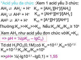 *Acid yếu đa chức :Xem 1 acid yếu 3 chức:
AH3 ⇄ AH2
-
+ H+
Ka1 = [AH2
-
][H+
]/[AH3]
AH2
-
⇄ AH2-
+ H+ Ka2 = [AH2-
][H+
]/[AH2
-
]
AH2-
⇄ A3-
+ H+ Ka3 = [A3-
][H+
]/[AH2-
]
Thường:Ka1>>Ka2>>Ka3 Nếu:Ka1/Ka2/Ka3 ≥ 104
Xem AH3 như acid yếu đơn chức vớiKa=Ka1
=> pH = ½(pKa1 – lgCA)
Td:dd H3PO4(0,1M);có Ka1=10-2,1
,Ka2=10-7,2
Ka3=10-7,3
:Ka1/Ka2/Ka3=105
=>pH= ½(-lg10-2,1
–lg0,1) = 1,55
 
