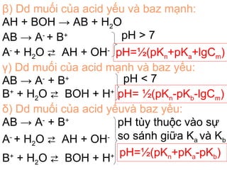β) Dd muối của acid yếu và baz mạnh:
AH + BOH → AB + H2O
AB → A-
+ B+
A-
+ H2O ⇄ AH + OH-
pH > 7
pH=½(pKn+pKa+lgCm)
γ) Dd muối của acid mạnh và baz yếu:
AB → A-
+ B+
B+
+ H2O ⇄ BOH + H+
pH < 7
pH= ½(pKn-pKb-lgCm)
δ) Dd muối của acid yếuvà baz yếu:
AB → A-
+ B+
A-
+ H2O ⇄ AH + OH-
B+
+ H2O ⇄ BOH + H+
pH tùy thuộc vào sự
so sánh giữa Ka và Kb
pH=½(pKn+pKa-pKb)
 