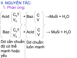 II. NGUYÊN TẮC:
1. Phản ứng:
Acid
Baz
C0?
V0
+ Baz C
V
→Muối + H2O
C0?
V0
+ Acid
C
V
→ Muối + H2O
Dd cần chuẩn
độ có thể
mạnh hoặc
yếu
Dd chuẩn:
luôn mạnh
 