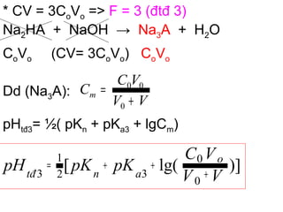 * CV = 3CoVo => F = 3 (đtđ 3)
Na2HA + NaOH → Na3A + H2O
CoVo (CV= 3CoVo) CoVo
Dd (Na3A):
pHtđ3= ½( pKn + pKa3 + lgCm)
)]lg([
0
0
32
1
3 VV
VC
pKpKpH o
antđ +
++=
VV
VC
Cm
+
=
0
00
 