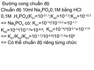Đường cong chuẩn độ
Chuẩn độ 10ml Na3PO40,1M bằng HCl
0,1M .H3PO4(Ka1=10-21,1
;Ka2=10-7,2
;Ka3=10-12,3
=> Na3PO4 có: Kb1=10-14
/10-12,3
=10-1,7
Kb2=10-14
/10-7,2
=10-6,8
; Kb3=10-14
/10-2,1
=10-11,9
=> Kb1/Kb2/Kb3=10-1,7
/10-6,8
/10-11,9
=105
=> Có thể chuẩn độ riêng từng chức
 