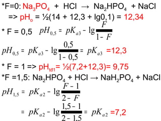 *F=0: Na3PO4 + HCl → Na2HPO4 + NaCl
=> pHo = ½(14 + 12,3 + lg0,1) = 12,34
* F = 0,5
F
F
pKpH a
−
−=
1
lg35,0
335,0
5,01
5,0
lg aa pKpKpH =
−
−= =12,3
* F = 1 => pHtđ1= ½(7,2+12,3)= 9,75
*F =1,5: Na2HPO4 + HCl → NaH2PO4 + NaCl
F
F
pKpH a
−
−
−=
2
1
lg25,1
22
5,12
15,1
lg aa pKpK =
−
−
−= =7,2
 