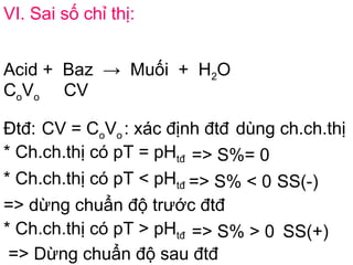 VI. Sai số chỉ thị:
Acid + Baz → Muối + H2O
CoVo CV
Đtđ: CV = CoVo : xác định đtđ dùng ch.ch.thị
* Ch.ch.thị có pT = pHtđ => S%= 0
* Ch.ch.thị có pT < pHtđ => S% < 0 SS(-)
=> dừng chuẩn độ trước đtđ
* Ch.ch.thị có pT > pHtđ => S% > 0 SS(+)
=> Dừng chuẩn độ sau đtđ
 
