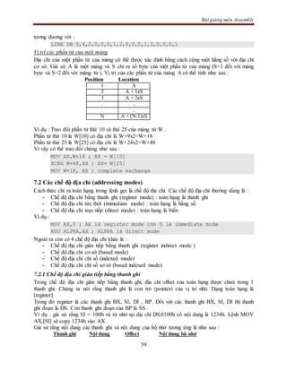 Bài giảng môn Assembly
59
tương đương với :
LINE DB 5,4,2,0,0,0,1,2,0,0,0,1,2,0,0,0,1
Vị trí các phần tử của một mảng
Địa chỉ của một phần tử của mảng có thể được xác định bằng cách cộng một hằng số với địa chỉ
cơ sở. Giả sử A là một mảng và S chỉ ra số byte của một phần tử của mảng (S=1 đối với mảng
byte và S=2 đối với mảng từ ). Vị trí của các phần tử của mảng A có thể tính như sau :
Position Location
1 A
2 A + 1xS
3 A + 2xS
. ..
. ..
N A + (N-1)xS
Ví dụ : Trao đổi phần tử thứ 10 và thứ 25 của mảng từ W .
Phần tử thứ 10 là W[10] có địa chỉ là W+9x2=W+18
Phần tử thứ 25 là W[25] có địa chỉ là W+24x2=W+48
Vì vậy có thể trao đổi chúng như sau :
MOV AX,W+18 ; AX = W[10]
XCHG W+48,AX ; AX= W[25]
MOV W+18, AX ; complete exchange
7.2 Các chế độ địa chỉ (addressing modes)
Cách thức chỉ ra toán hạng trong lệnh gọi là chế độ địa chỉ. Các chế độ địa chỉ thường dùng là :
- Chế độ địa chỉ bằng thanh ghi (register mode) : toán hạng là thanh ghi
- Chế độ địa chỉ tức thời (immediate mode) : toán hạng là hằng số
- Chế độ địa chỉ trực tiếp (direct mode) : toán hạng là biến
Ví dụ :
MOV AX,0 ; AX là register mode còn 0 là immediate mode
ADD ALPHA,AX ; ALPHA là direct mode
Ngoài ra còn có 4 chế độ địa chỉ khác là :
- Chế độ địa chỉ gián tiếp bằng thanh ghi (register indirect mode )
- Chế độ địa chỉ cơ sở (based mode)
- Chế độ địa chỉ chỉ số (indexed mode)
- Chế độ địa chỉ chỉ số sơ sở (based indexed mode)
7.2.1 Chế độ địa chỉ gián tiếp bằng thanh ghi
Trong chế độ địa chỉ gián tiếp bằng thanh ghi, địa chỉ offset của toán hạng được chưá trong 1
thanh ghi. Chúng ta nói rằng thanh ghi là con trỏ (pointer) của vị trí nhớ. Dạng toán hạng là
[register].
Trong đó register là các thanh ghi BX, SI, DI , BP. Đối với các thanh ghi BX, SI, DI thì thanh
ghi đoạn là DS. Còn thanh ghi đoạn của BP là SS .
Ví dụ : giả sử rằng SI = 100h và từ nhớ tại địa chỉ DS:0100h có nội dung là 1234h. Lệnh MOV
AX,[SI] sẽ copy 1234h vào AX .
Giả sử rằng nội dung các thanh ghi và nội dung của bộ nhớ tương ứng là như sau :
Thanh ghi Nội dung Offset Nội dung bộ nhớ
 