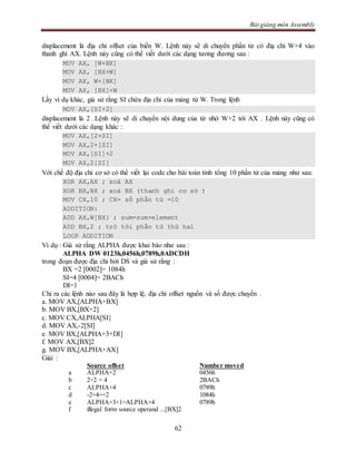 Bài giảng môn Assembly
62
displacement là địa chỉ offset của biến W. Lệnh này sẽ di chuyển phần tử có điạ chỉ W+4 vào
thanh ghi AX. Lệnh này cũng có thể viết dưới các dạng tương đương sau :
MOV AX, [W+BX]
MOV AX, [BX+W]
MOV AX, W+[BX]
MOV AX, [BX]+W
Lấy ví dụ khác, giả sử rằng SI chứa địa chỉ của mảng từ W. Trong lệnh
MOV AX,[SI+2]
displacement là 2 .Lệnh này sẽ di chuyển nội dung của từ nhớ W+2 tới AX . Lệnh này cũng có
thể viết dưới các dạng khác :
MOV AX,[2+SI]
MOV AX,2+[SI]
MOV AX,[SI]+2
MOV AX,2[SI]
Với chế độ địa chỉ cơ sở có thể viết lại code cho bài toán tính tổng 10 phần tử của mảng như sau:
XOR AX,AX ; xoá AX
XOR BX,BX ; xoá BX (thanh ghi cơ sở )
MOV CX,10 ; CX= số phần tử =10
ADDITION:
ADD AX,W[BX} ; sum=sum+element
ADD BX,2 ; trỏ tới phần tử thứ hai
LOOP ADDITION
Ví dụ : Giả sử rằng ALPHA được khai báo như sau :
ALPHA DW 0123h,0456h,0789h,0ADCDH
trong đoạn được địa chỉ bởi DS và giả sử rằng :
BX =2 [0002]= 1084h
SI=4 [0004]= 2BACh
DI=1
Chỉ ra các lệnh nào sau đây là hợp lệ, địa chỉ offset nguồn và số được chuyển .
a. MOV AX,[ALPHA+BX]
b. MOV BX,[BX+2]
c. MOV CX,ALPHA[SI}
d. MOV AX,-2[SI]
e. MOV BX,[ALPHA+3+DI]
f. MOV AX,[BX]2
g. MOV BX,[ALPHA+AX]
Giải :
Source offset Number moved
a ALPHA+2 0456h
b 2+2 = 4 2BACh
c ALPHA+4 0789h
d -2+4=+2 1084h
e ALPHA+3+1=ALPHA+4 0789h
f illegal form source operand ...[BX]2
 
