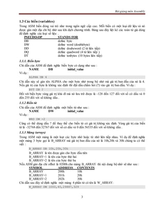 Bài giảng môn Assembly
3
1.3 Các biến (variables)
Trong ASM biến đóng vai trò như trong ngôn ngữ cấp cao. Mỗi biến có một loại dữ liệu và nó
được gán một địa chỉ bộ nhớ sau khi dịch chương trình. Bảng sau đây liệt kê các toán tử giả dùng
để định nghĩa các loại số liệu .
PSEUDO-OP STANDS FOR
DB define byte
DW define word (doublebyte)
DD define doubeword (2 từ liên tiếp)
DQ define quadword (4 từ liên tiếp )
DT define tenbytes (10 bytes liên tiếp)
1.3.1. Biến byte
Chỉ dẫn của ASM để định nghĩa biến byte có dạng như sau :
NAME DB initial_value
Ví dụ :
ALPHA DB 4
Chỉ dẫn này sẽ gán tên ALPHA cho một byte nhớ trong bộ nhớ mà giá trị ban đầu của nó là 4.
Nếu giá trị của byte là không xác định thì đặt dấu chấm hỏi (?) vào giá trị ban đầu. Ví dụ :
BYT DB ?
Đối với biến byte vùng giá trị khả dĩ mà nó lưu trữ được là -128 đến 127 đối với số có dấu và 0
đến 255 đối với số không dấu .
1.3.2 Biến từ
Chỉ dẫn của ASM để định nghĩa một biến từ như sau :
NAME DW initial_value
Ví dụ :
WRD DW -2
Cũng có thể dùng dấu ? để thay thế cho biến từ có giá trị không xác định. Vùng giá trị của biến
từ là -32768 đến 32767 đối với số có dấu và 0 đến 56535 đối với số không dấu .
1.3.3 Mảng (arrays)
Trong ASM một mảng là một loạt các byte nhớ hoặc từ nhớ liên tiếp nhau. Ví dụ để định nghĩa
một mảng 3 byte gọi là B_ARRAY mà giá trị ban đầu của nó là 10h,20h và 30h chúng ta có thể
viết :
B_ARRAY DB 10h,20h,30h
B_ARRAY là tên được gán cho byte đầu tiên
B_ARRAY+1 là tên của byte thứ hai
B_ARRAY+2 là tên của byte thứ ba
Nếu ASM gán địa chỉ offset là 0200h cho mảng B_ARRAY thì nội dung bộ nhớ sẽ như sau :
SYMBOL ADDRESS CONTENTS
B_ARRAY 200h 10h
B_ARRAY+1 201h 20h
B_ARRAY+2 202h 30h
Chỉ dẫn sau đây sẽ định nghĩa một mảng 4 phần tử có tên là W_ARRAY:
W_ARRAY DW 1000,40,29887,329
 