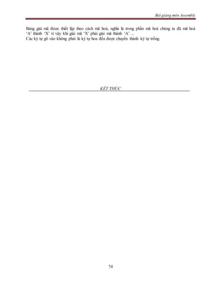 Bài giảng môn Assembly
74
Bảng giải mã được thiết lập theo cách mã hoá, nghĩa là trong phần mã hoá chúng ta đã mã hoá
‘A’ thành ‘X’ vì vậy khi giải mã ‘X’ phải giải mã thành ‘A’ ...
Các ký tự gõ vào không phải là ký tự hoa đếu được chuyển thành ký tự trống.
KẾT THÚC
 